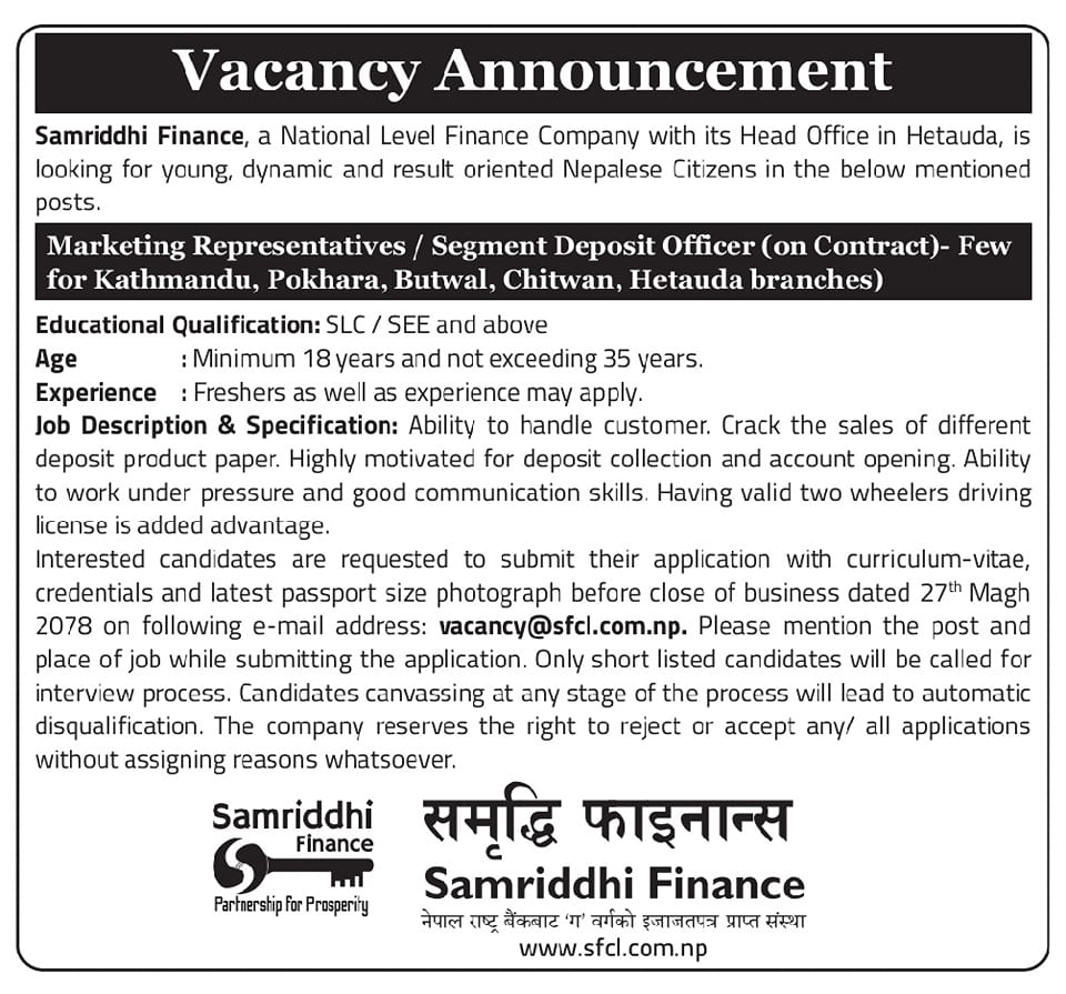 Samriddhi Finance Vacancy for Marketing Representatives